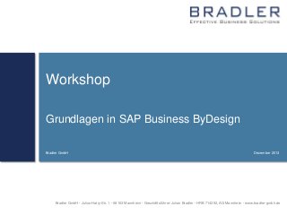 Workshop
Grundlagen in SAP Business ByDesign
Bradler GmbH

Dezember 2013

Bradler GmbH  Julius-Hatry-Str. 1  68163 Mannheim  Geschäftsführer: Julian Bradler  HRB 714392, AG Mannheim  www.bradler-gmbh.de

 