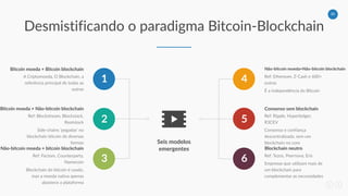 30
Desmistificando o paradigma Bitcoin-Blockchain
Seis modelos
emergentes
Não-bitcoin moeda+Não-bitcoin blockchain
Consenso sem blockchain
Blockchain neutro
4
5
6
1
2
3
Bitcoin moeda + Bitcoin blockchain
Bitcoin moeda + Não-bitcoin blockchain
Não-bitcoin moeda + bitcoin blockchain
A Criptomoeda, O Blockchain, a
referência principal de todas as
outras
Ref: Blockstream, Blockstack,
Rootstock
Side-chains ‘pegadas' no
blockchain bitcoin de diversas
formas
Ref: Factom, Counterparty,
Namecoin
Blockchain do bitcoin é usado,
mas a moeda nativa apenas
abastece a plataforma
Ref: Ethereum, Z-Cash e 600+
outras
É a independência do Bitcoin
Ref: Ripple, Hyperledger,
R3CEV
Consenso e confiança
descentralizada, sem um
blockchain no core
Ref: Tezos, Peernova, Eris
Empresas que utilizam mais de
um blockchain para
complementar as necessidades
 