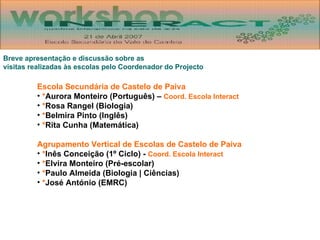 Breve apresentação e discussão sobre as  visitas realizadas às escolas pelo Coordenador do Projecto Escola Secundária de Castelo de Paiva * Aurora Monteiro (Português) –  Coord. Escola Interact * Rosa Rangel (Biologia) * Belmira Pinto (Inglês) * Rita Cunha (Matemática) Agrupamento Vertical de Escolas de Castelo de Paiva * Inês Conceição (1º Ciclo) -  Coord. Escola Interact * Elvira Monteiro (Pré-escolar) * Paulo Almeida (Biologia | Ciências) * José António (EMRC) 