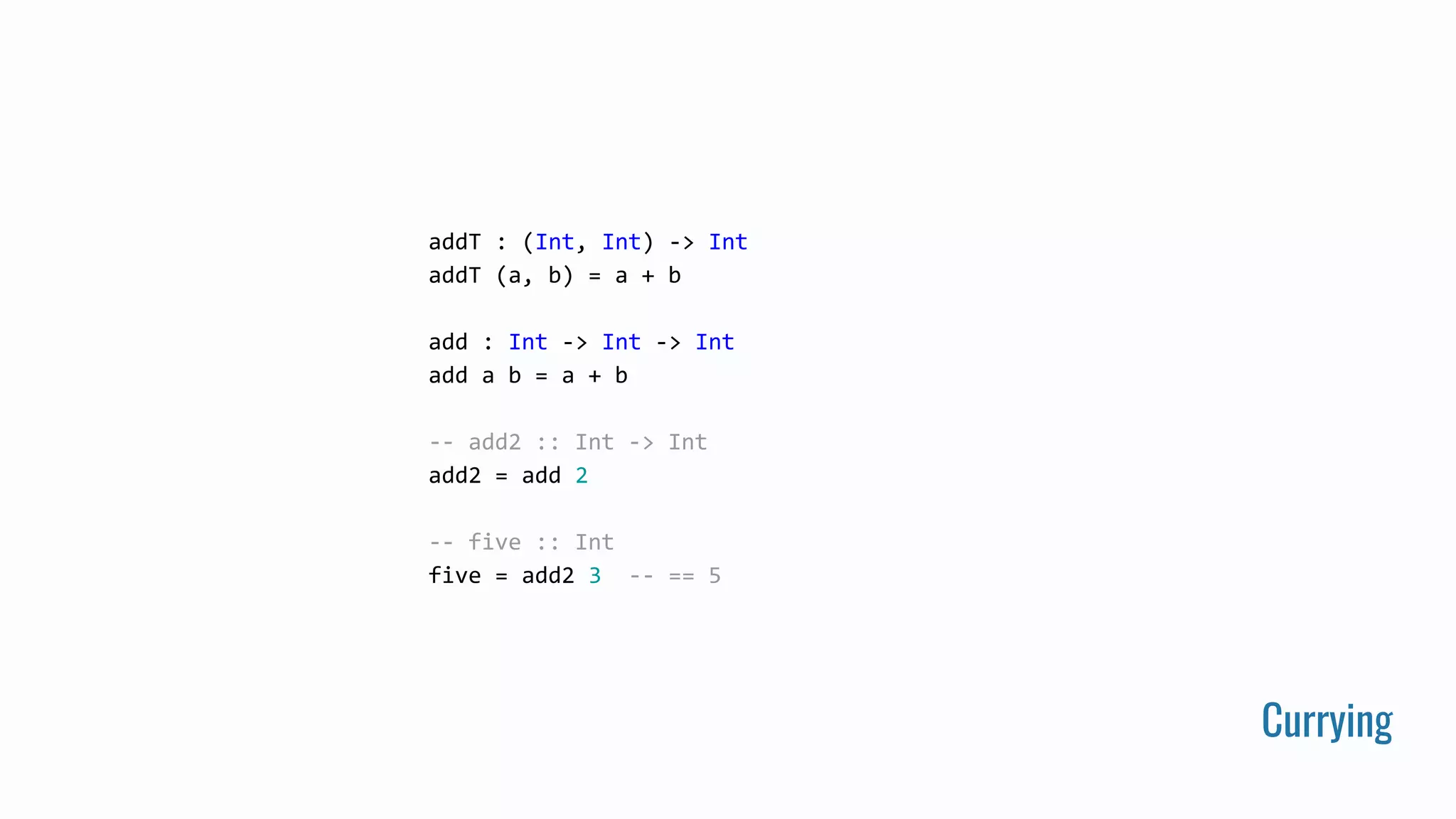 Currying
addT : (Int, Int) -> Int
addT (a, b) = a + b
add : Int -> Int -> Int
add a b = a + b
-- add2 :: Int -> Int
add2 = add 2
-- five :: Int
five = add2 3 -- == 5
 