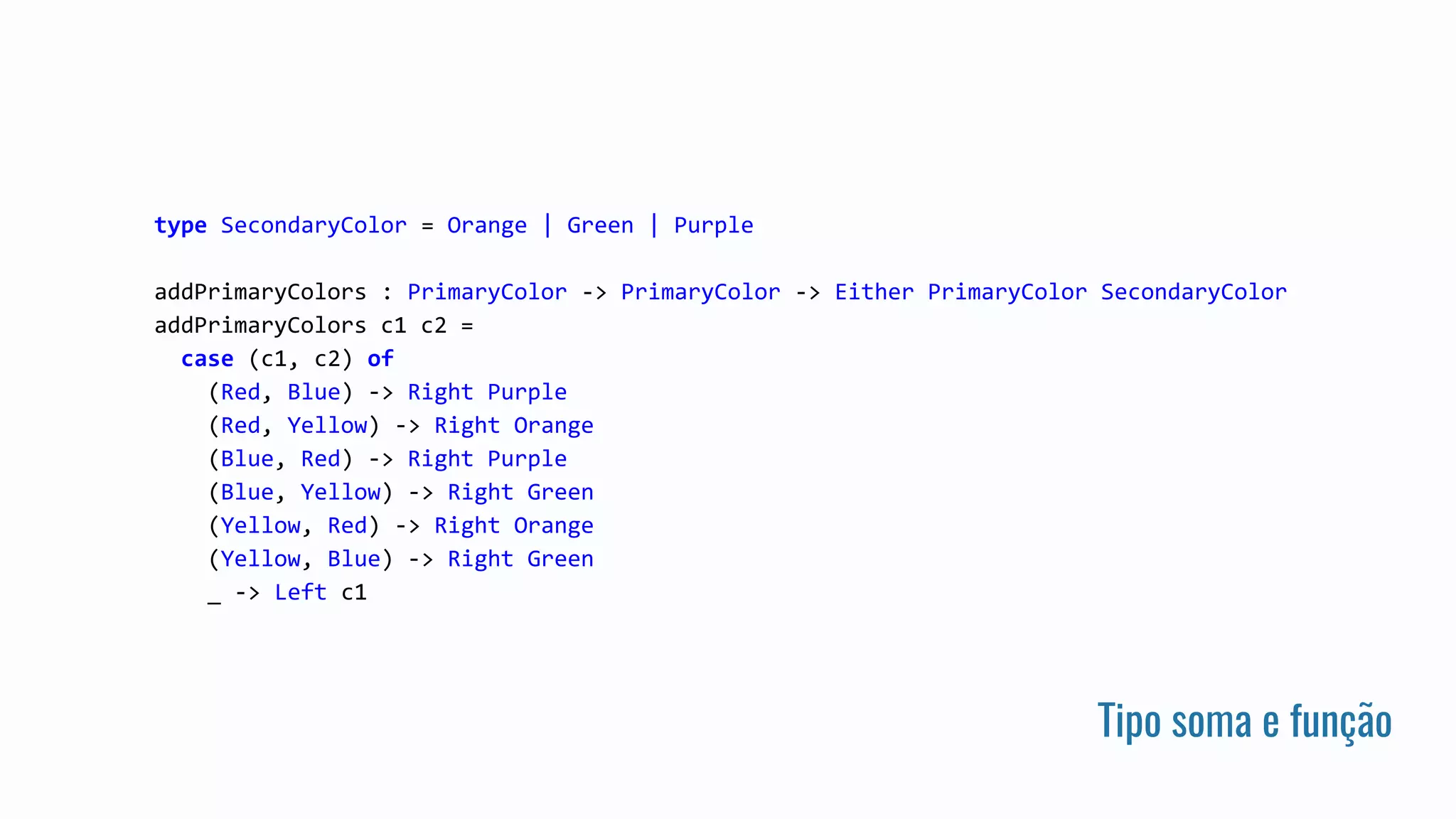 Tipo soma e função
type SecondaryColor = Orange | Green | Purple
addPrimaryColors : PrimaryColor -> PrimaryColor -> Either PrimaryColor SecondaryColor
addPrimaryColors c1 c2 =
case (c1, c2) of
(Red, Blue) -> Right Purple
(Red, Yellow) -> Right Orange
(Blue, Red) -> Right Purple
(Blue, Yellow) -> Right Green
(Yellow, Red) -> Right Orange
(Yellow, Blue) -> Right Green
_ -> Left c1
 