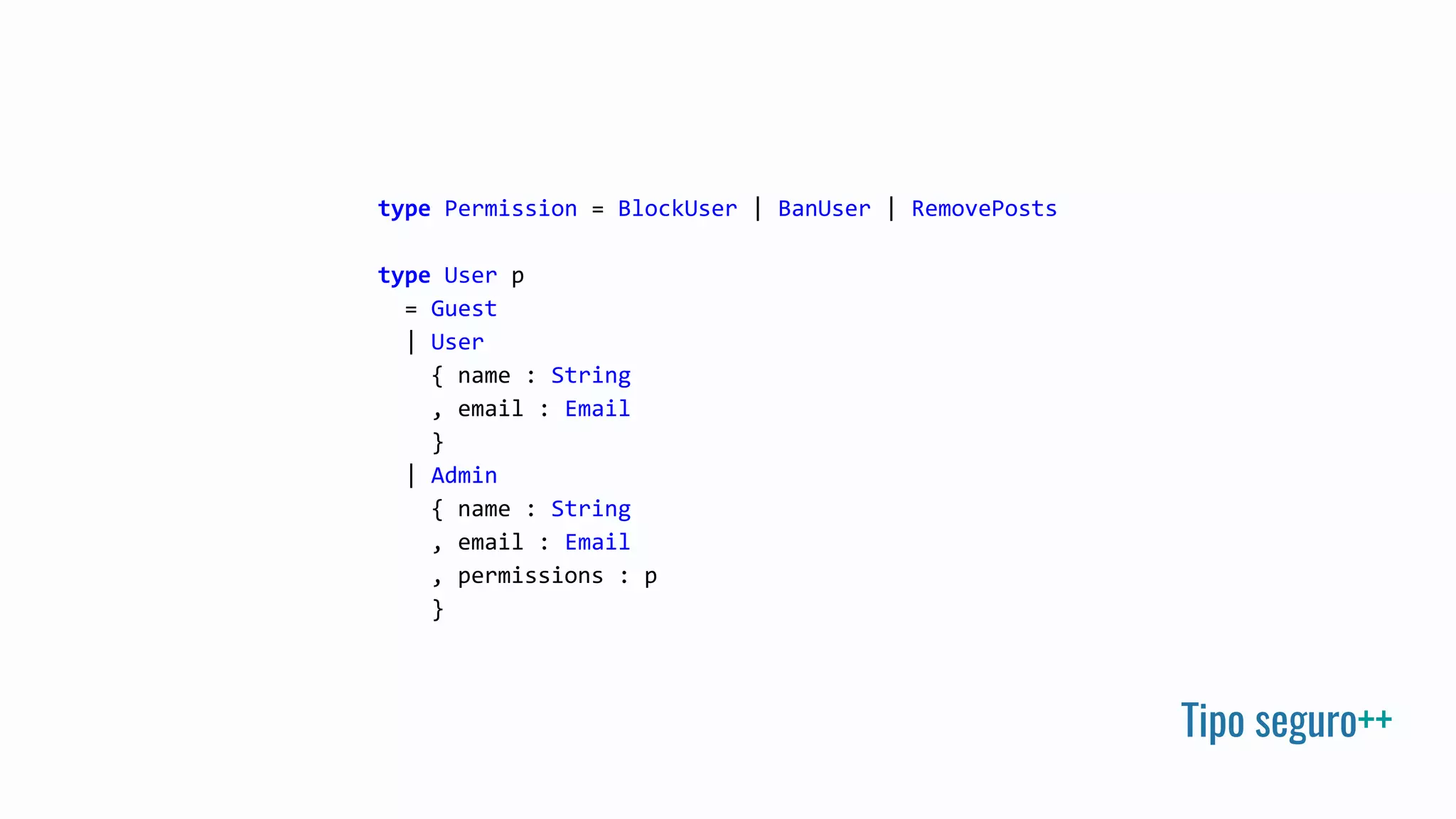 Tipo seguro++
type Permission = BlockUser | BanUser | RemovePosts
type User p
= Guest
| User
{ name : String
, email : Email
}
| Admin
{ name : String
, email : Email
, permissions : p
}
 