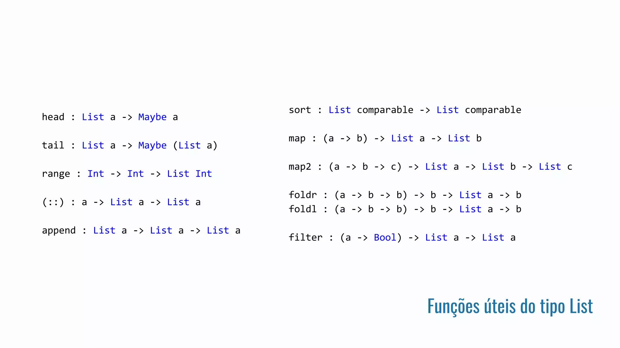 Funções úteis do tipo List
head : List a -> Maybe a
tail : List a -> Maybe (List a)
range : Int -> Int -> List Int
(::) : a -> List a -> List a
append : List a -> List a -> List a
sort : List comparable -> List comparable
map : (a -> b) -> List a -> List b
map2 : (a -> b -> c) -> List a -> List b -> List c
foldr : (a -> b -> b) -> b -> List a -> b
foldl : (a -> b -> b) -> b -> List a -> b
filter : (a -> Bool) -> List a -> List a
 