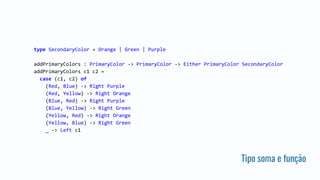 Tipo soma e função
type SecondaryColor = Orange | Green | Purple
addPrimaryColors : PrimaryColor -> PrimaryColor -> Either PrimaryColor SecondaryColor
addPrimaryColors c1 c2 =
case (c1, c2) of
(Red, Blue) -> Right Purple
(Red, Yellow) -> Right Orange
(Blue, Red) -> Right Purple
(Blue, Yellow) -> Right Green
(Yellow, Red) -> Right Orange
(Yellow, Blue) -> Right Green
_ -> Left c1
 