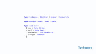 Tipo inseguro
type Permission = BlockUser | BanUser | RemovePosts
type UserType = Guest | User | Admin
type alias User =
{ name : Maybe String
, email : Maybe Email
, permissions : List Permission
, userType : UserType
}
 
