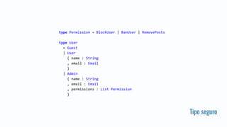 Tipo seguro
type Permission = BlockUser | BanUser | RemovePosts
type User
= Guest
| User
{ name : String
, email : Email
}
| Admin
{ name : String
, email : Email
, permissions : List Permission
}
 