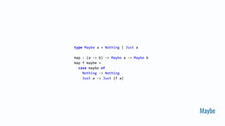 Maybe
type Maybe a = Nothing | Just a
map : (a -> b) -> Maybe a -> Maybe b
map f maybe =
case maybe of
Nothing -> Nothing
Just a -> Just (f a)
 
