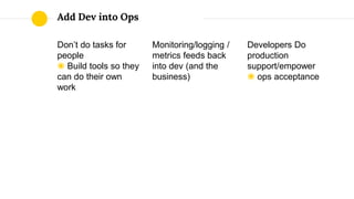 Add Dev into Ops
Don’t do tasks for
people
◉ Build tools so they
can do their own
work
Monitoring/logging /
metrics feeds back
into dev (and the
business)
Developers Do
production
support/empower
◉ ops acceptance
 