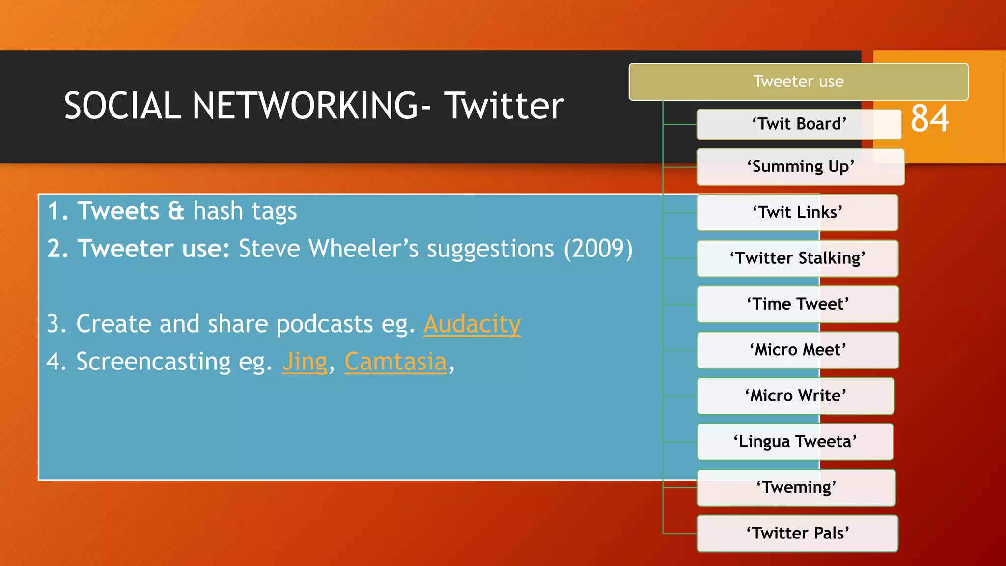 1. Tweets & hash tags
2. Tweeter use: Steve Wheeler’s suggestions (2009)
3. Create and share podcasts eg. Audacity
4. Screencasting eg. Jing, Camtasia,
SOCIAL NETWORKING- Twitter
Tweeter use
‘Twit Board’
‘Summing Up’
‘Twit Links’
‘Τwitter Stalking’
‘Τime Tweet’
‘Micro Meet’
‘Micro Write’
‘Lingua Tweeta’
‘Tweming’
‘Twitter Pals’
84
 