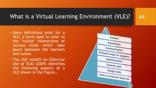 What is a Virtual Learning Environment (VLE)?
• Many definitions exist for a
VLE, a term used to refer to
the ‘online’ interactions of
various kinds which take
place between the learners
and tutors.
• The JISC InfoKit on Effective
Use of VLEs (2009) identifies
the following aspects of a
VLE shown in the Figure…
44
 