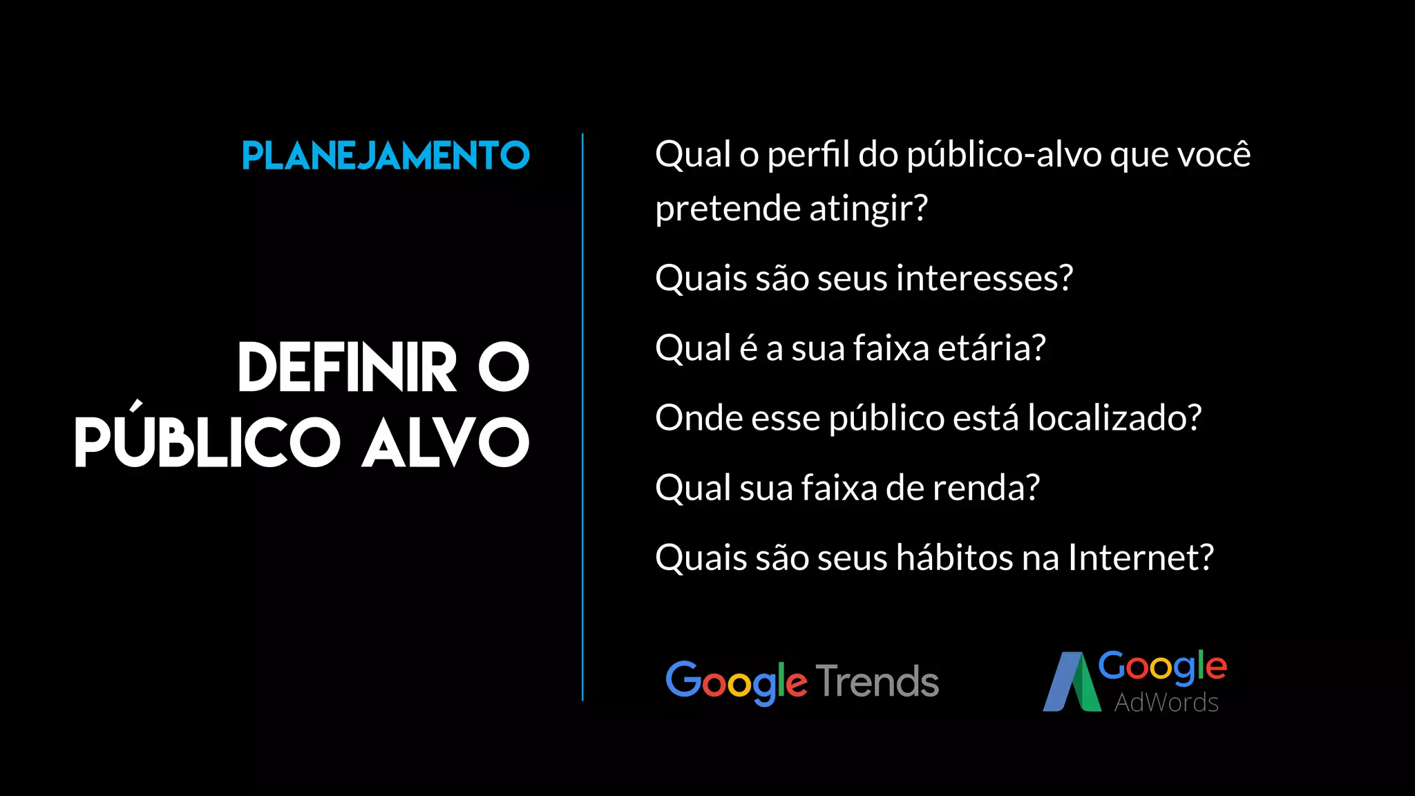 Definir o
público alvo
Planejamento Qual o perﬁl do público-alvo que você
pretende atingir?
Quais são seus interesses?
Qual é a sua faixa etária?
Onde esse público está localizado?
Qual sua faixa de renda?
Quais são seus hábitos na Internet?
 