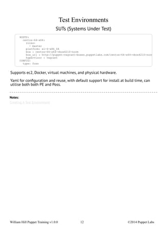Test Environments 
SUTs (Systems Under Test) 
HOSTS: 
centos-64-x64: 
roles: 
- master 
platform: el-6-x86_64 
box : centos-64-x64-vbox4210-nocm 
box_url : http://puppet-vagrant-boxes.puppetlabs.com/centos-64-x64-vbox4210-nocm.box 
hypervisor : vagrant 
CONFIG: 
type: foss 
Supports ec2, Docker, virtual machines, and physical hardware. 
Yaml for configuration and reuse, with default support for install at build time, can 
utilise both both PE and Poss. 
Notes: 
Creating A Test Environment 
William Hill Puppet Training v1.0.0 12 ©2014 Puppet Labs 
 