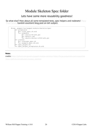 Module Skeleton Spec folder 
Lets have some more reusability goodness! 
So what else? How about all some templated tests, spec helpers and nodesets! More 
Than Seven Garetsh excellent blog post on teh subject. 
#tree .puppet/var/puppet-module/skeleton/spec 
├── acceptance 
│ ├── class_spec.rb.erb 
│ └── nodesets 
│ ├── centos-64-x64.yml 
│ ├── default.yml 
│ └── ubuntu-server-12042-x64.yml 
├── classes 
│ ├── coverage_spec.rb 
│ └── example_spec.rb.erb 
├── spec_helper.rb 
└── spec_helper_acceptance.rb.erb 
Notes: 
credits: https://github.com/garethr/puppet-module-skeleton https://forge.puppetlabs.com/supported 
https://github.com/abuxton/module_skeleton 
William Hill Puppet Training v1.0.0 26 ©2014 Puppet Labs 
 