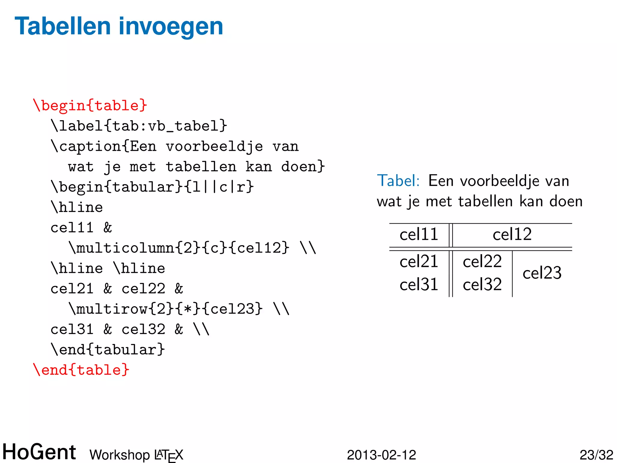 Figuren invoegen


                                         Figuur: Donald Knuth,
                                         auteur van TEX
 begin{figure}
   label{fig:don}
   caption{Donald Knuth, auteur van
     {TeX}}
   includegraphics[width=textwidth]
     {img/donald_knuth}
 end{figure}




               A
      Workshop LTEX              2013-02-12                      23/34
 