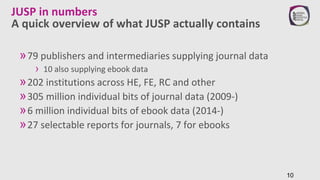 JUSP in numbers
»79 publishers and intermediaries supplying journal data
› 10 also supplying ebook data
»202 institutions ...