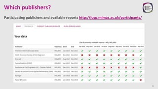 Which publishers?
Participating publishers and available reports http://jusp.mimas.ac.uk/participants/
31
 
