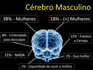 Cérebro Masculino
38% - Mulheres                 18% - (+) Mulheres


8% - Criatividade                           12% - Futebol
 para desculpas                               e Cerveja


 21% - NADA                              2% - Sua mulher

             1% - Capacidade de ouvir a mulher
 