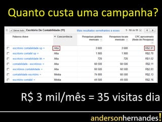 Quanto custa uma campanha?




  R$ 3 mil/mês = 35 visitas dia
 