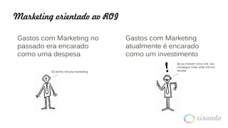 Marketing orientado ao ROI
Gastos com Marketing no
passado era encarado
como uma despesa
Gastos com Marketing
atualmente é encarado
como um investimento
Só tenho mil pra marketing
Se eu investir cinco mil, vou
conseguir mais vinte mil em
receita
 