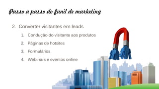 Passo a passo do funil de marketing
2. Converter visitantes em leads
1. Condução do visitante aos produtos
2. Páginas de hotsites
3. Formulários
4. Webinars e eventos online
 