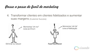 Passo a passo do funil de marketing
4. Transformar clientes em clientes fidelizados e aumentar
suas margens (Customer Success)
Eliminar ou reduzir Fazer acontecer
Momentos “oh no!”
Leva ao Churn
Momentos “ah há”
Leva a fidelização
 