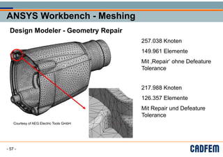 ANSYS Workbench - Meshing
ANSYS Workbench - Meshing
ANSYS Workbench - Meshing
ANSYS Workbench - Meshing
g
g
Design Modeler Geometry Repair
Design Modeler - Geometry Repair
257 038 Knoten
257.038 Knoten
149 961 El t
149.961 Elemente
‘ f
Mit ‚Repair‘ ohne Defeature
‚ p
Tolerance
Tolerance
217 988 Knoten
217.988 Knoten
126 357 Elemente
126.357 Elemente
Mit Repair und Defeature
Mit Repair und Defeature
Tolerance
Tolerance
Courtesy of AEG Electric Tools GmbH
- 57 -
 