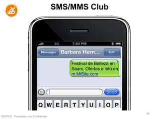 SMS/MMS Club




                                            Festival de Belleza en
                                            Sears. Ofertas e info en
                                            m.MiSite.com




                                                                       36
"NOTICE: Proprietary and Confidential
 