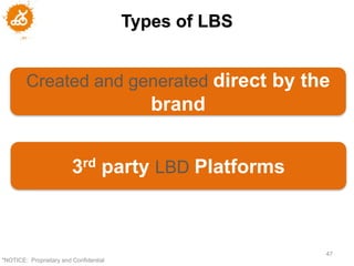 Types of LBS


        Created and generated direct by the
                                           brand


                         3rd party LBD Platforms



                                                       47
"NOTICE: Proprietary and Confidential
 