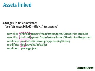 Assets linked
Changes to be committed:
(use "git reset HEAD <ﬁle>..." to unstage)
new ﬁle: android/app/src/main/assets/fonts/OleoScript-Bold.ttf
new ﬁle: android/app/src/main/assets/fonts/OleoScript-Regular.ttf
modiﬁed: ios/travolta.xcodeproj/project.pbxproj
modiﬁed: ios/travolta/Info.plist
modiﬁed: package.json
 