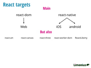 React targets
Main
react-dom react-native
Web iOS android
But also
react-art  react-canvas react-three ReactLibertyreact-worker-dom
 