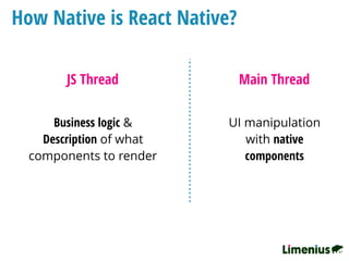 How Native is React Native?
JS Thread Main Thread
UI manipulation
with native
components
Business logic &
Description of what
components to render
 