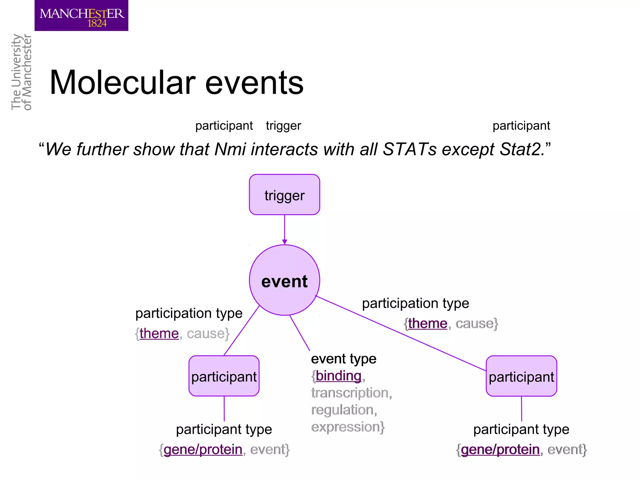 Molecular events
                      participant   trigger                               participant

“We further show that Nmi interacts with all STATs except Stat2.”

                                    trigger




                                    event
                                                      participation type
            participation type
                                                             {theme, cause}
            {theme, cause}
                                              event type
                     participant              {binding,                  participant
                                              transcription,
                                              regulation,
                   participant type           expression}              participant type
                {gene/protein, event}                               {gene/protein, event}/ 27
                                                                                        5
 