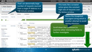 38
That’s an abnormally large
number of requests sourced
from a single IP Address in a
~90 minute window.
This looks like a scripted
action given the constant
high rate of requests over
the below window.
ScrollDown
Scroll down the dashboard to
examine other interesting fields to
further investigate.
Notice the Googlebot
useragent string which is
another attempt to avoid
raising attention..
 