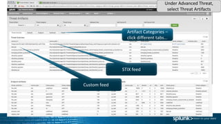 Artifact Categories –
click different tabs…
STIX feed
Custom feed
Under Advanced Threat,
select Threat Artifacts
 