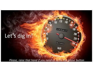 20
Let’s	dig	in!
Please,	raise	that	hand	if	you	need	us	to	hit	the	pause	button	
 