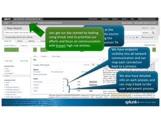 Take	a	look	at	the	
endpoint	data	source.		
We	are	using	the	
Microsoft	Sysmon TA.
We	have	endpoint	
visibility	into	all	network	
communication	and	can	
map	each	connection	
back	to	a	process.
}
We	also	have	detailed	
info	on	each	process	and	
can	map	it	back	to	the	
user	and	parent	process.}
Lets	get	our	day	started	by	looking	
using	threat	intel to	prioritize	our	
efforts	and	focus	on	communication	
with	known high	risk	entities.
 