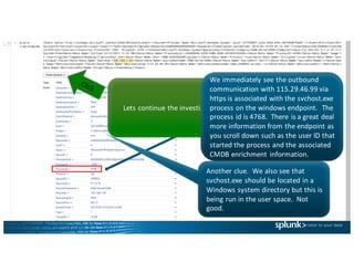 Exfiltration	of	data	is	a	serious	
concern	and	outbound	
communication	to	external	entity	
that	has	a	known	threat	intel
indicator,	especially	when	it	is	
encrypted	as	in	this	case.
Lets	continue	the	investigation.
Another	clue.		We	also	see	that	
svchost.exe should	be	located	in	a	
Windows	system	directory	but	this	is	
being	run	in	the	user	space.		Not	
good.
We	immediately	see	the	outbound	
communication	with	115.29.46.99	via	
https	is	associated	with	the	svchost.exe
process	on	the	windows	endpoint.		The	
process	id	is	4768.		There	is	a	great	deal	
more	information	from	the	endpoint	as	
you	scroll	down	such	as	the	user	ID	that	
started	the	process	and	the	associated	
CMDB	enrichment	information.
 