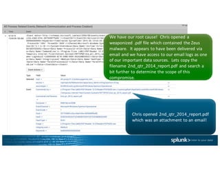 Chris	opened	2nd_qtr_2014_report.pdf	
which	was	an	attachment	to	an	email!
We	have	our	root	cause!		Chris	opened	a	
weaponized .pdf file	which	contained	the	Zeus	
malware.		It	appears	to	have	been	delivered	via	
email	and	we	have	access	to	our	email	logs	as	one	
of	our	important	data	sources.		Lets	copy	the	
filename	2nd_qtr_2014_report.pdf	and	search	a	
bit	further	to	determine	the	scope	of	this	
compromise.
 