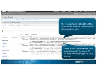 38
The	results	show	54.211.114.134	has	
accessed	this	file	from	the	web	portal	
of	buttergames.com.	 	
There	is	also	a	known	threat	intel
association	with	the	source	IP	
Address	downloading	(HTTP	GET)	
the	file.
 
