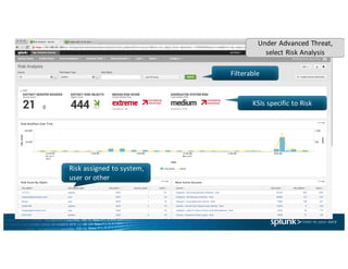 Filterable
KSIs	specific	to	Risk
Risk	assigned	to	system,	
user	or	other
Under	Advanced	Threat,	
select	Risk	Analysis
 