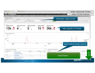 Filterable,	down	to	IoC
KSIs	specific	to	Threat
Most	active	threat	source
Scroll	down…
Scroll
Under	Advanced	Threat,	
select	Threat	Activity
 