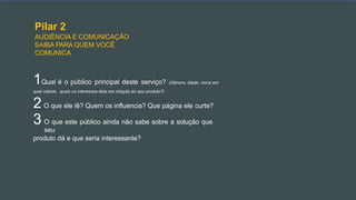 Pilar 2
AUDIÊNCIA E COMUNICAÇÃO
SAIBA PARA QUEM VOCÊ
COMUNICA
1Qual é o público principal deste serviço? (Gênero, idade, mora em
qual cidade, quais os interesses dela em relação ao seu produto?)
2 O que ele lê? Quem os influencia? Que página ele curte?
3 O que este público ainda não sabe sobre a solução que
seu
produto dá e que seria interessante?
 