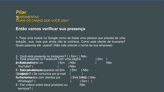 Pilar
3
FERRAMENTAS
QUAIS OS CANAIS QUE VOCÊ USA?
Então vamos verificar sua presença
1- Faça uma busca no Google como se fosse uma pessoa que precisa de uma
solução sua, mas que ainda não te conhece. Como este cliente de buscaria?
Quais palavras ele usaria? (Não vale colocar o nome da sua empresa)
2 - Você está presente no Instagram? ( ) Sim ( ) Não
3 - Está presente no Facebook com uma página
profissional? (
) Sim
(
)
Não
4 - Está presente no
YouTube? (
5 - Está presente no
Linkedin? (
) Sim
(
) Sim
(
6 - Tem um site que aparece no
Google ( 7 - Se comunica por e-mail
com clientes (
) Não
) Não
) Sim
(
) Sim
(
) Não
)
Não
8 - Se comunica com clientes por
Whatsapp? (
9 - Faz vídeos sobre seus produtos ou
serviços? (
) Sim ( ) Não
) Sim ( )
Não
 