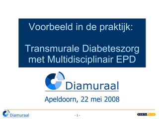 Voorbeeld in de praktijk:  Transmurale Diabeteszorg met Multidisciplinair  E PD Apeldoorn, 22 mei 2008 