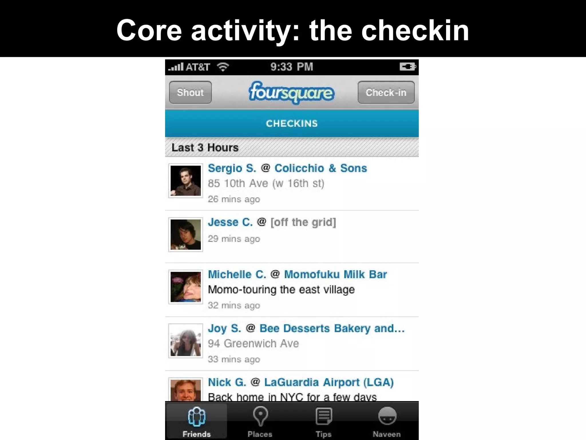 Core activity: the checkin
 