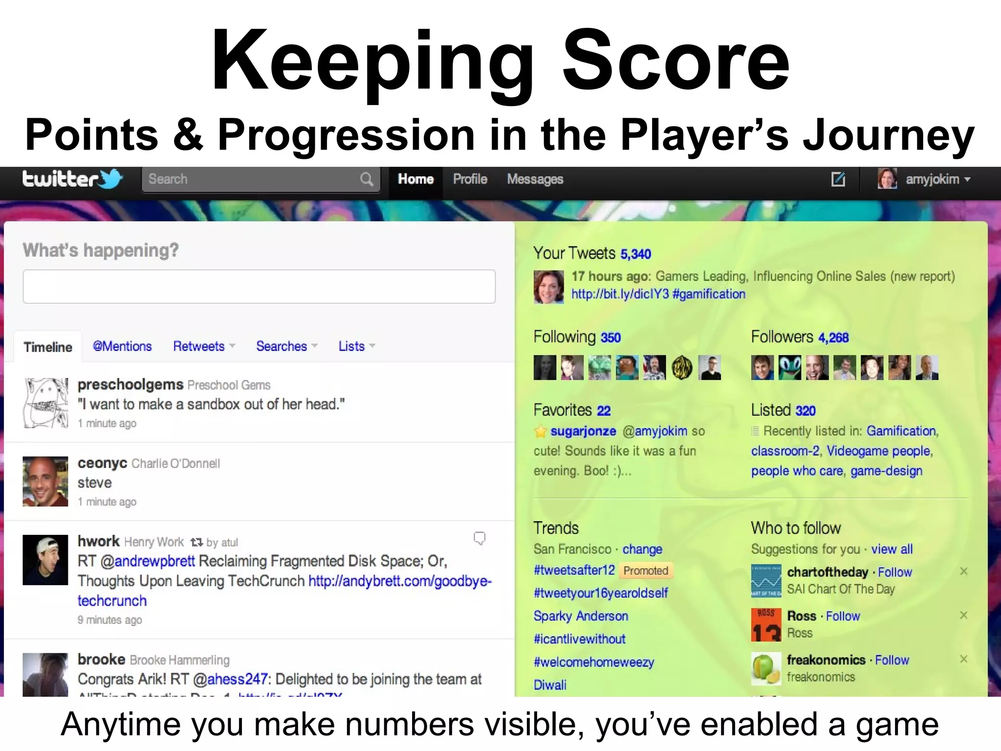 Keeping Score
Points & Progression in the Player’s Journey
Anytime you make numbers visible, you’ve enabled a game
 