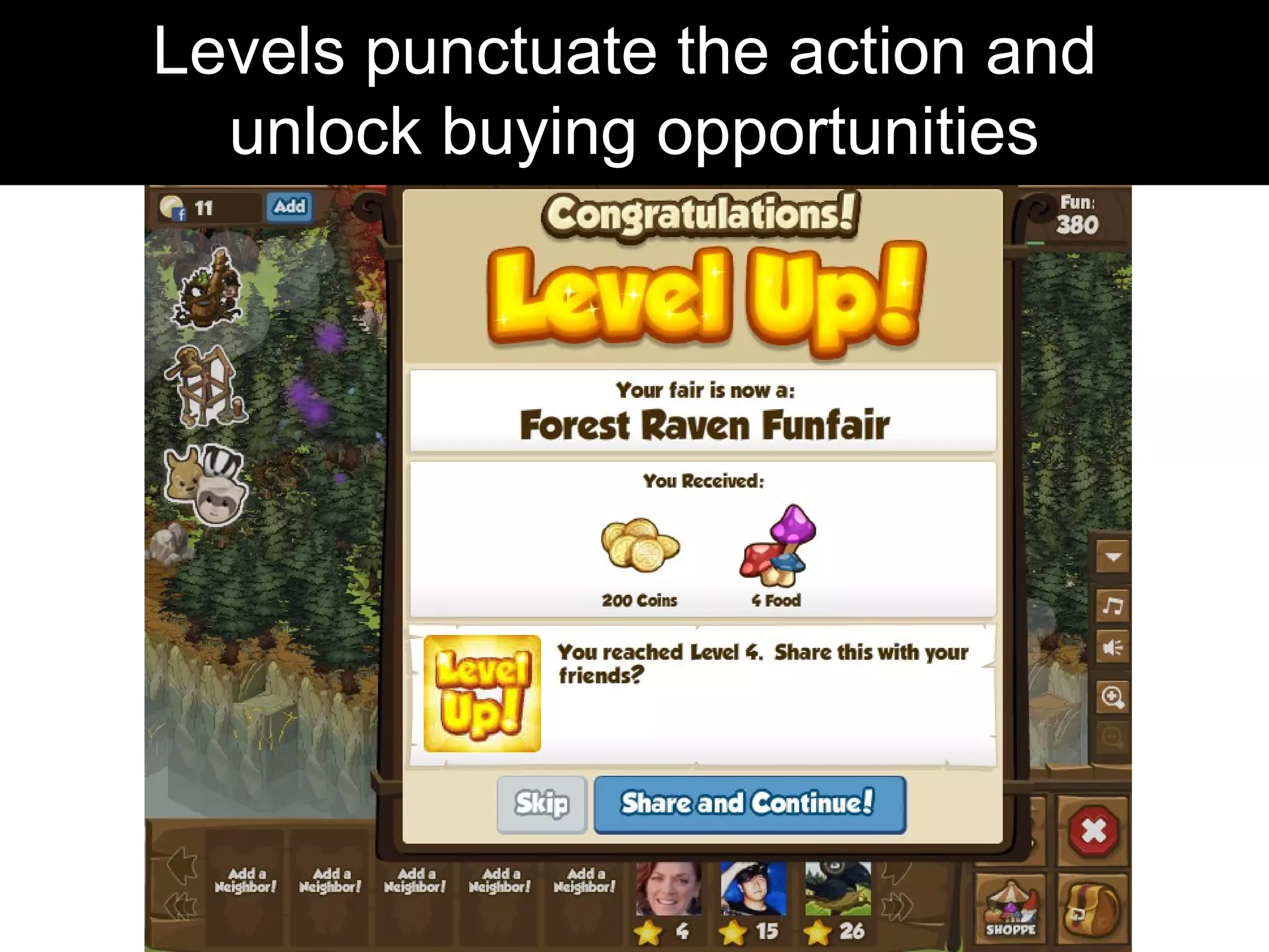 Levels punctuate the action and
unlock buying opportunities
 