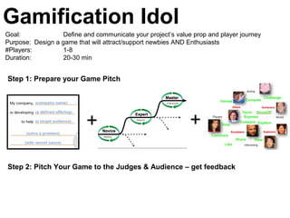 Gamification Idol
Step 1: Prepare your Game Pitch
Goal: Define and communicate your project’s value prop and player journe...