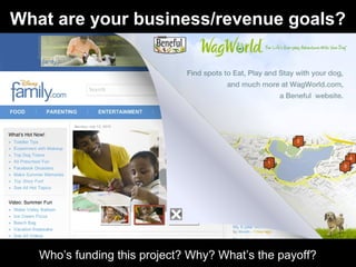 What are your business/revenue goals?
Who’s funding this project? Why? What’s the payoff?
 