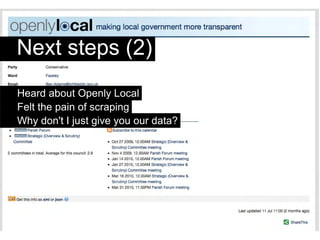 Next steps (2)
Heard about Openly Local
Felt the pain of scraping
Why don't I just give you our data?
 